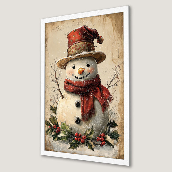 Framed Poster featuring a charming snowman with a red scarf and hat, vintage style, warm color palette. Perfect Christmas decor!