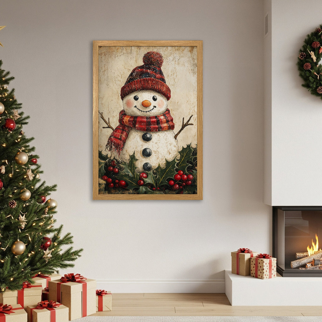Framed Poster featuring a whimsical snowman in a rustic style with a red and cream color palette. Perfect Christmas decor!