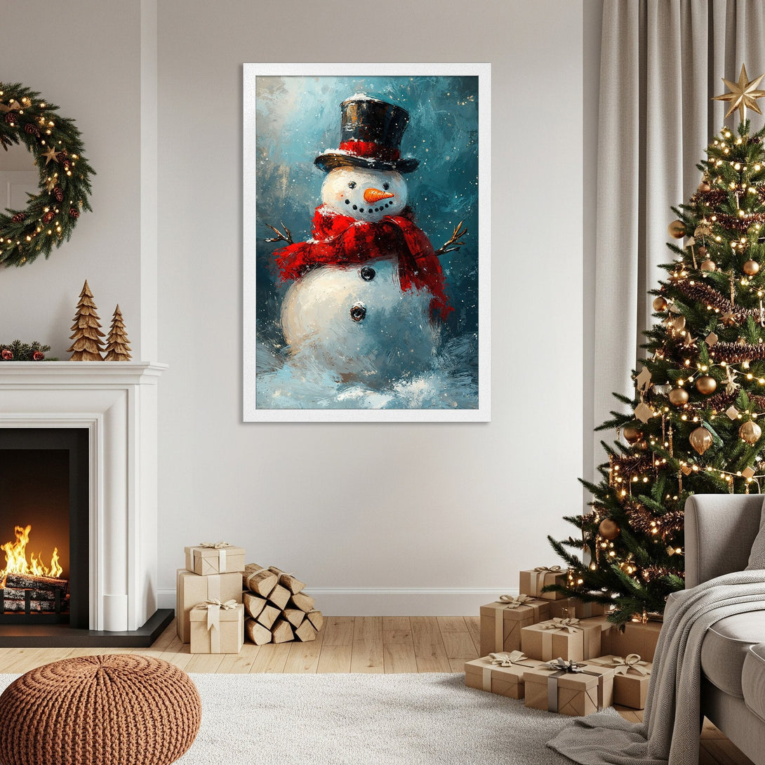 Framed Poster featuring a festive snowman painting in a cozy, winter scene. Blue, white, and red color palette, perfect holiday decor.