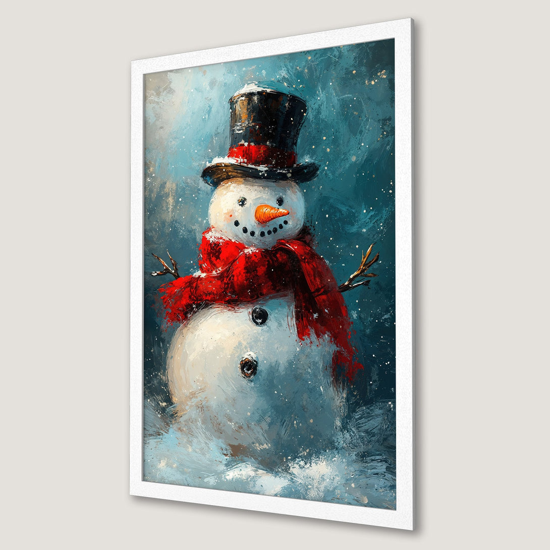 Framed Poster featuring a whimsical snowman in a winter scene. Artistic style with blue, red, and white color palette. Perfect holiday decor.