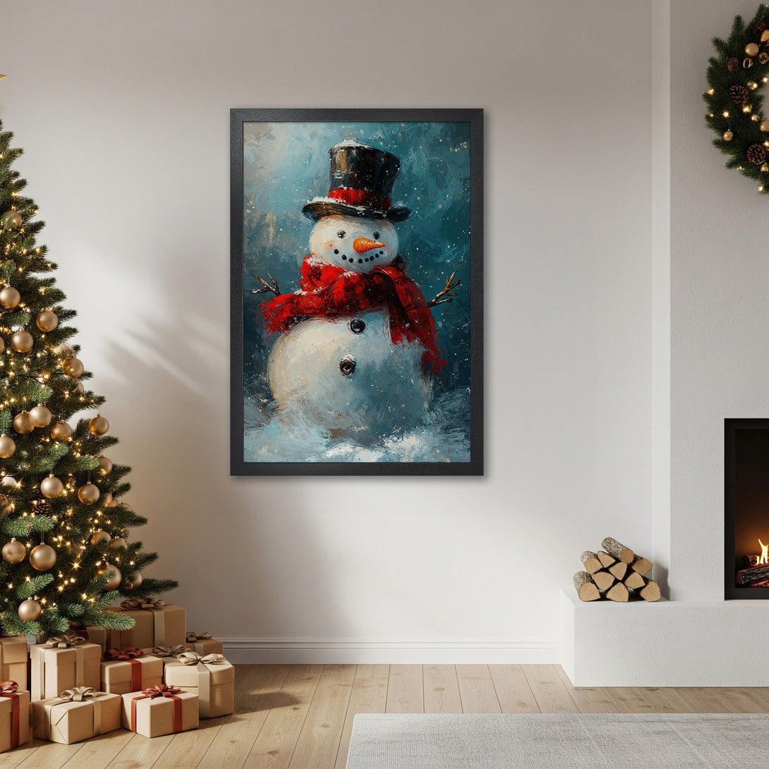 Framed Poster featuring a whimsical snowman painting in a wintery blue and red color palette, perfect for holiday decor.