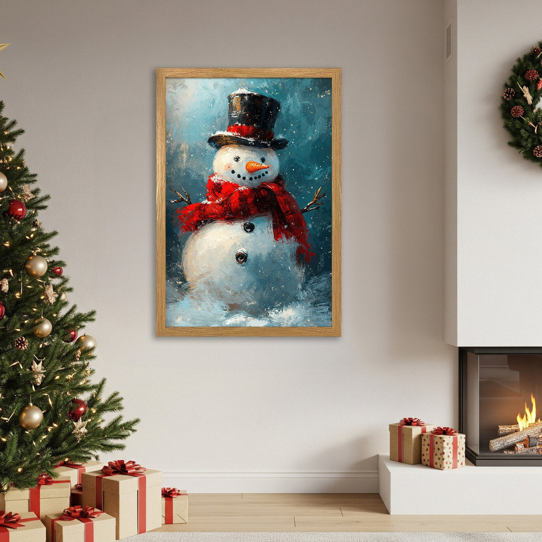 Framed Poster featuring a whimsical snowman painting in a wintery blue, red, and white color palette. Perfect Christmas decor!