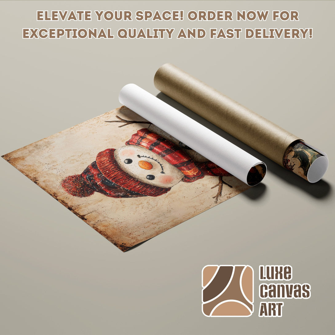 Poster Roll featuring a vintage snowman illustration, warm color palette, perfect for holiday decor.