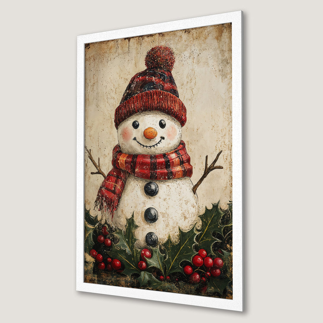 Framed Poster featuring a whimsical snowman with a red and black plaid scarf and hat. Festive holiday decor in a warm, vintage style with a red, green, and cream color palette.