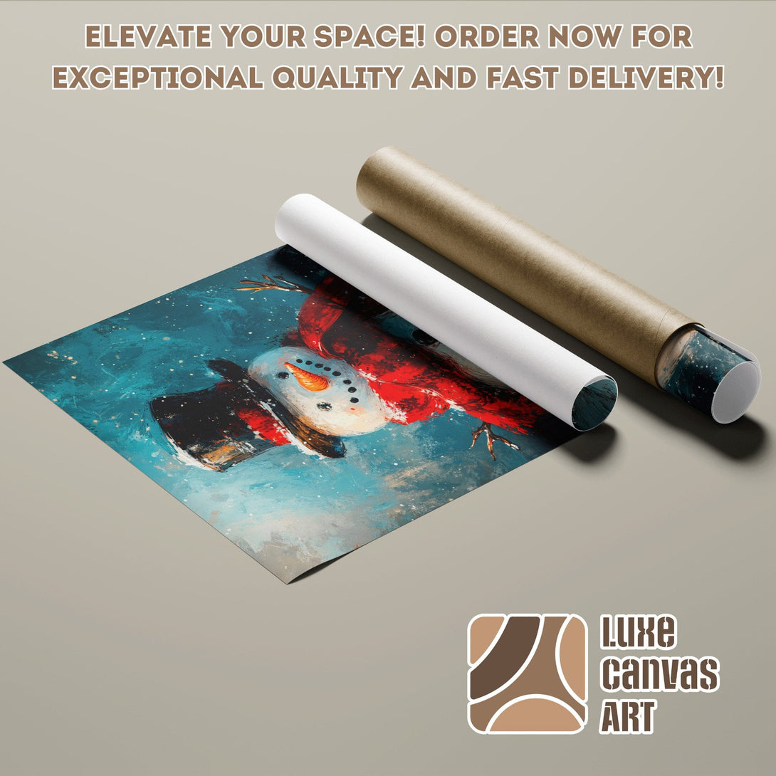 Winter-themed Poster Roll art, featuring a snowman, in a blue, red, and white color palette. Elevate your space!