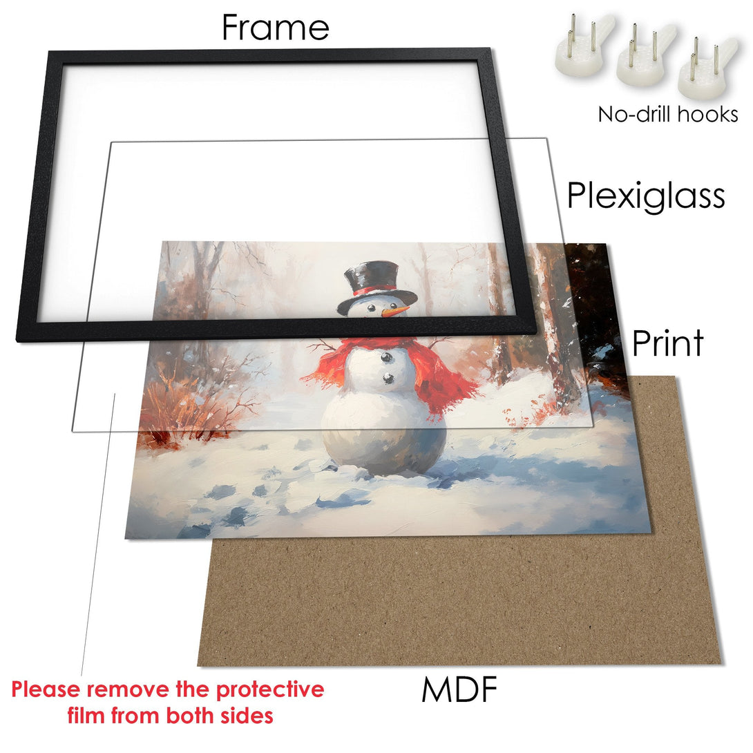 Framed Poster featuring a whimsical snowman in a winter scene. Soft, painterly style with a cool, muted color palette. Perfect holiday decor!