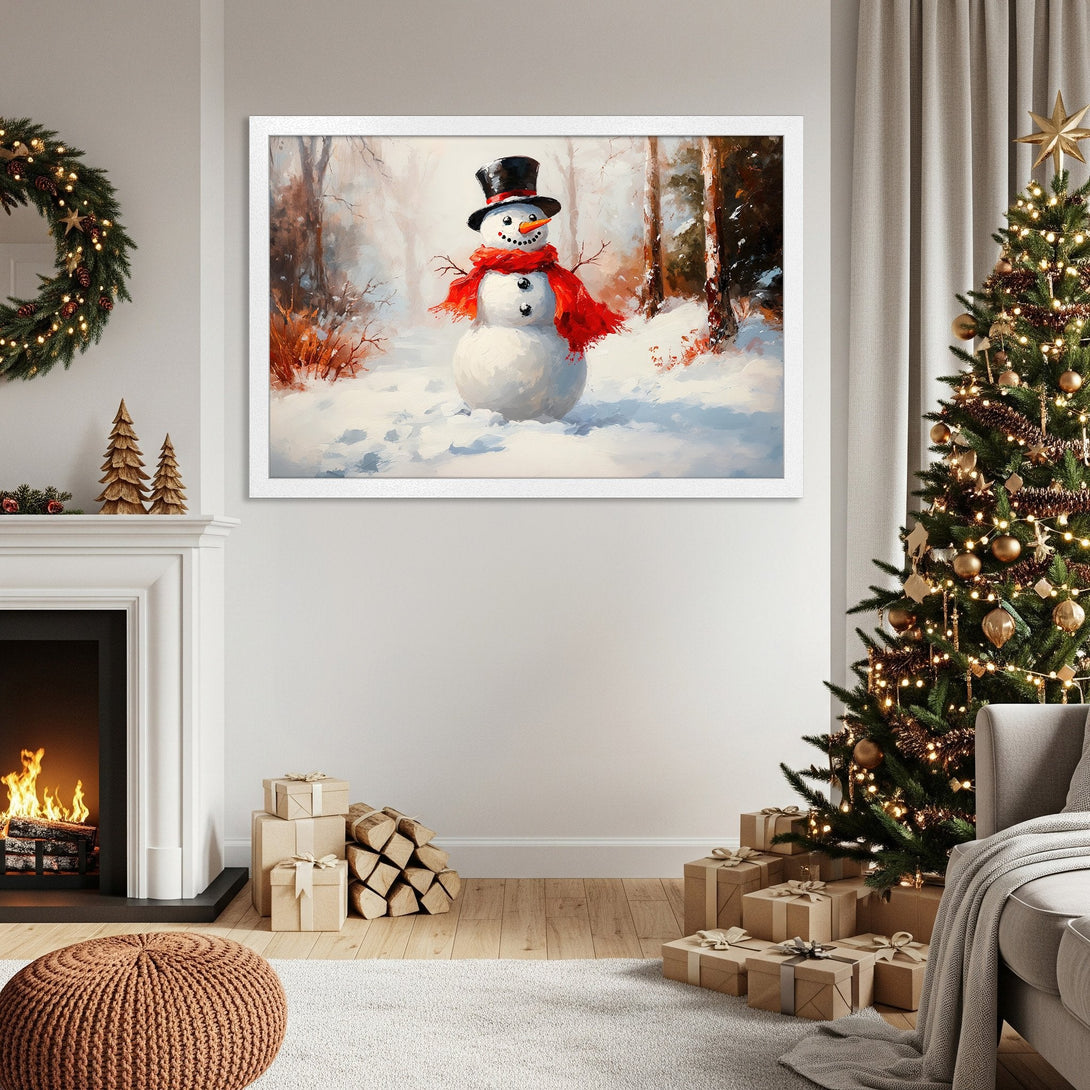 Framed Poster featuring a snowman in a winter forest scene. Cozy style with a warm, neutral color palette. Perfect holiday decor!