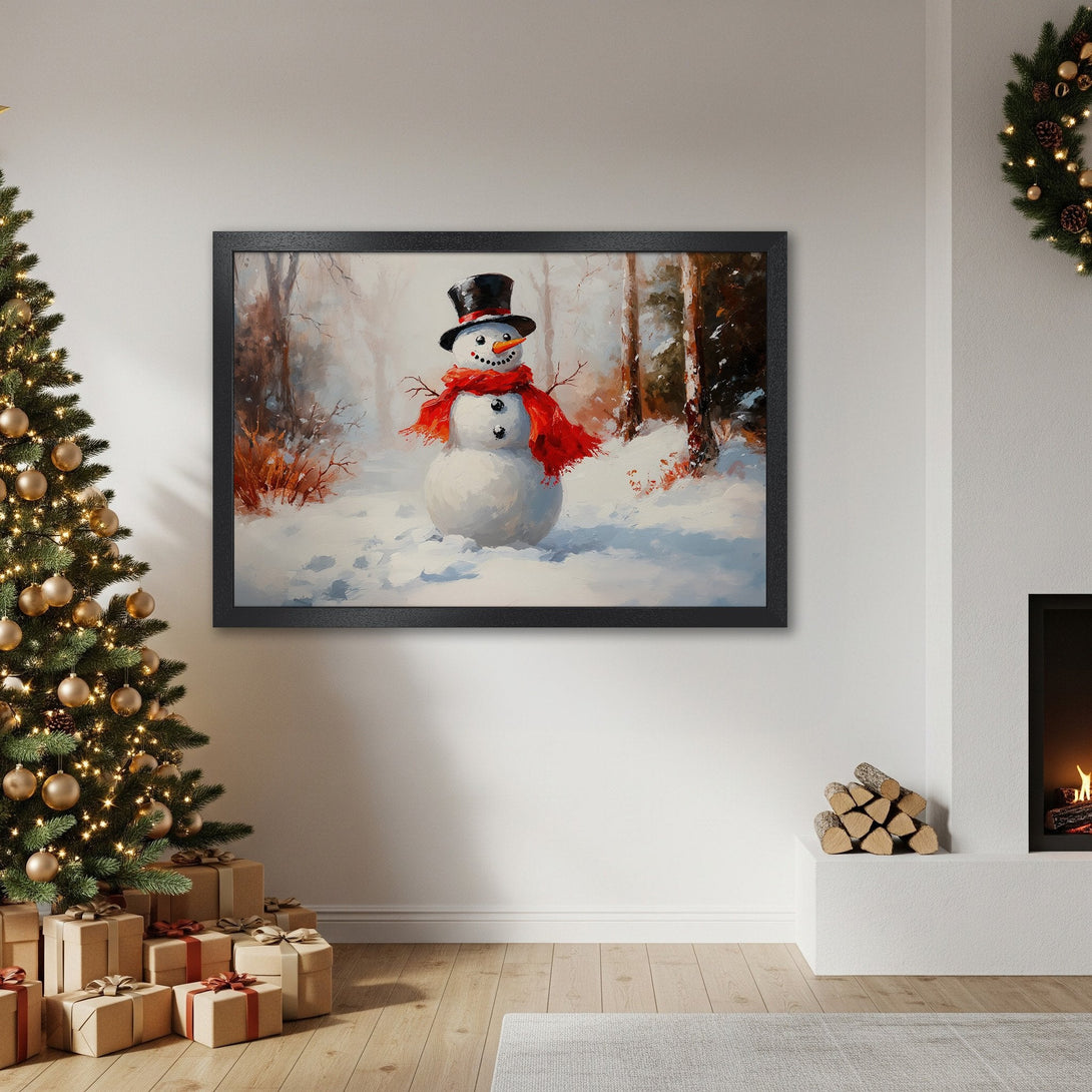 Framed Poster featuring a whimsical snowman in a snowy forest, painted in a warm, inviting palette perfect for Christmas decor.