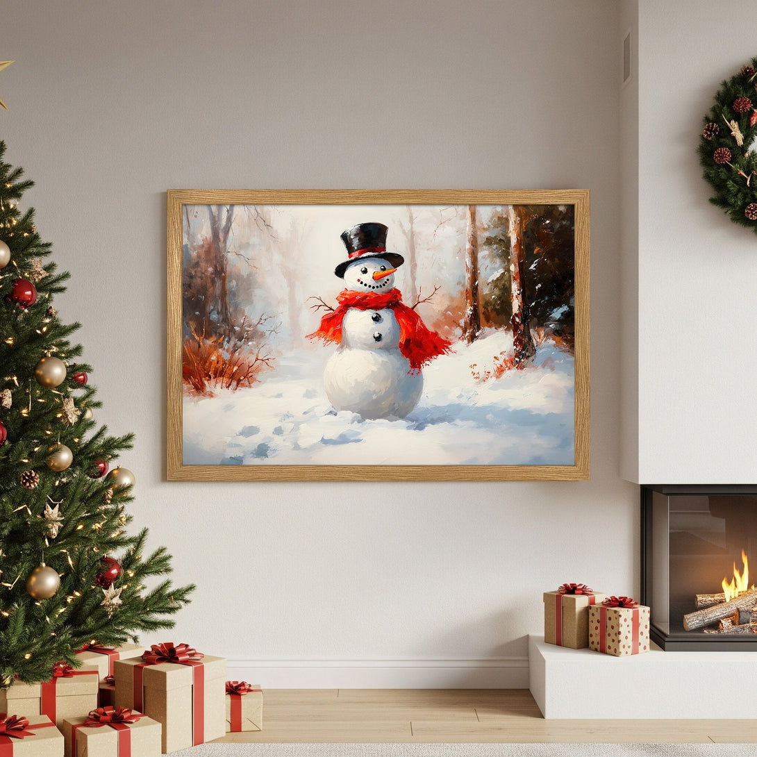 Framed Poster featuring a whimsical snowman in a winter forest scene. Warm, inviting color palette perfect for holiday decor.