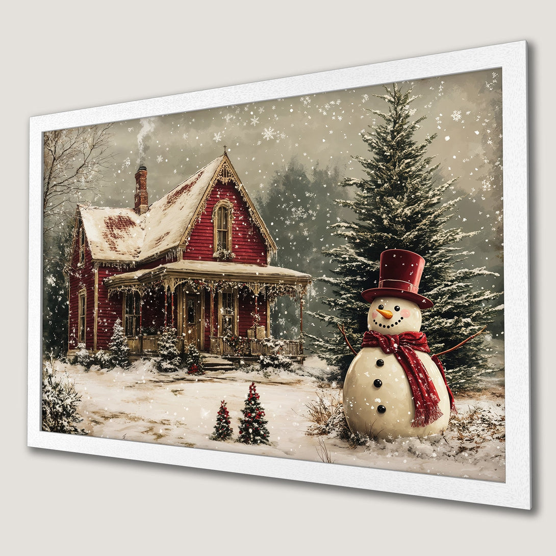 Framed Poster featuring a winter scene with a red house and snowman, painted in a warm, vintage style with a cozy red and neutral color palette.