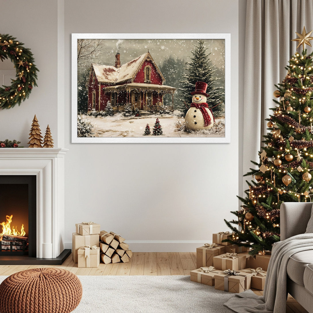 Framed Poster featuring a cozy winter scene with a red house and snowman, in a warm, inviting color palette. Perfect holiday decor!