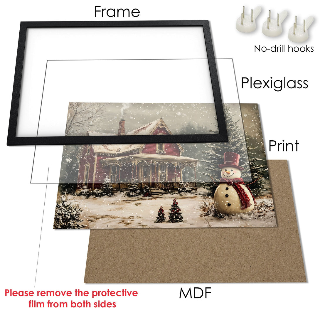 Framed Poster featuring a winter scene with a snowman. Neutral tones and a touch of red create a cozy, seasonal vibe.