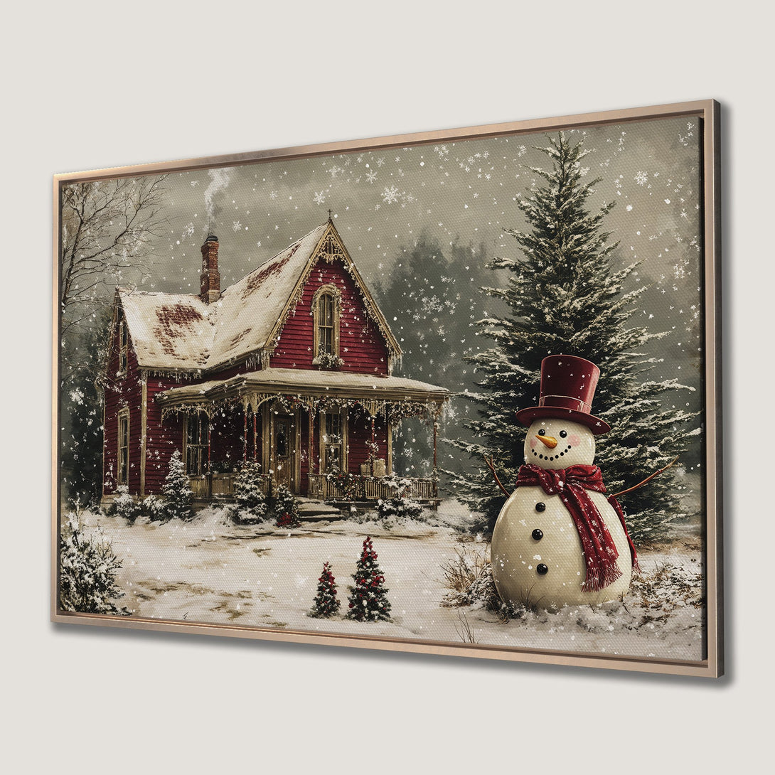 Framed Wall Art: Winter scene with a red house and snowman. Cozy, vintage style with a warm red and gray color palette. Perfect holiday decor.