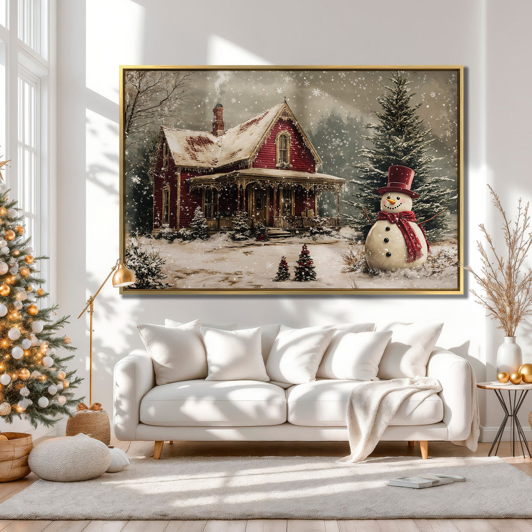 Canvas Print of a cozy winter scene with a red house and snowman. Warm, neutral color palette perfect for holiday home decor.