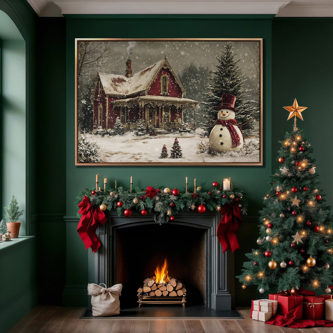Framed Wall Art: Cozy winter scene Canvas Print with red house and snowman. Warm, inviting colors perfect for holiday decor.