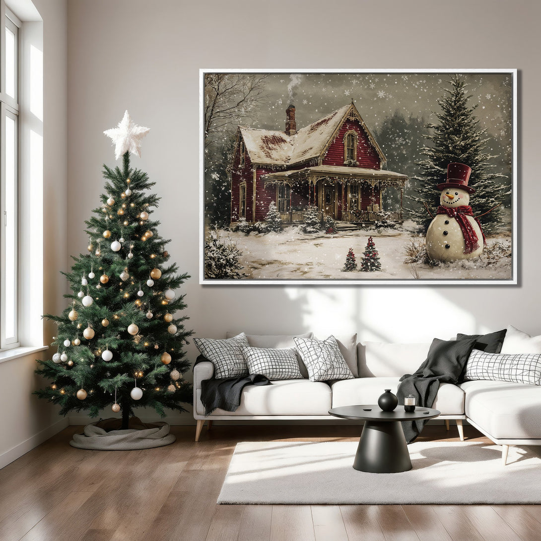 Framed Wall Art of a cozy winter scene with a red house and snowman. Warm, vintage style with a red, white, and green color palette. Perfect holiday decor!