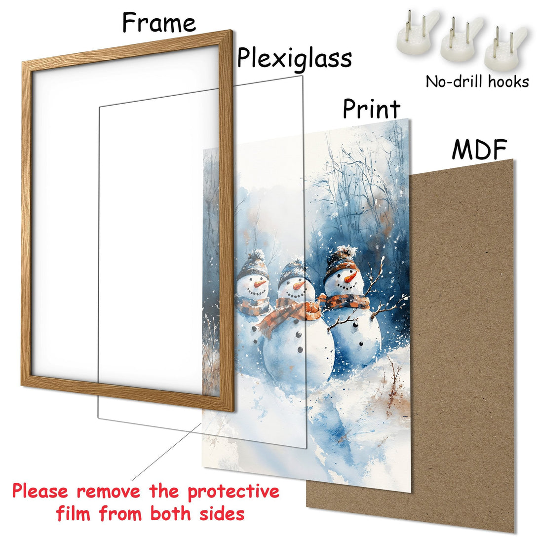 Framed Poster featuring watercolor snowmen in a winter scene. Soft blue and white color palette, perfect for holiday decor.