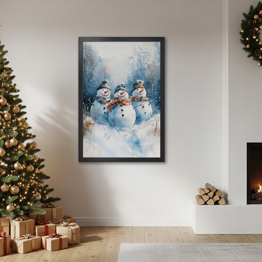 Framed Poster featuring watercolor snowmen art. Winter scene with blue and neutral tones, perfect Christmas decor.