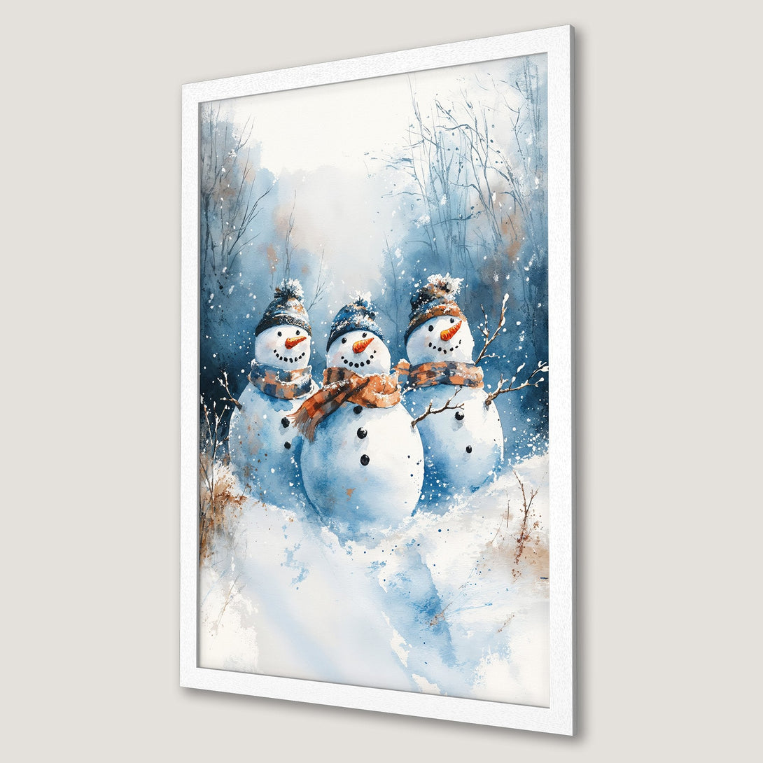 Framed Poster featuring watercolor snowmen in a winter scene with a blue and brown color palette. Perfect for holiday decor!
