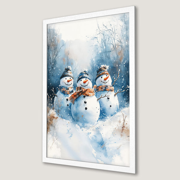 Framed Poster featuring watercolor snowmen in a winter scene with a blue and brown color palette. Perfect for holiday decor!