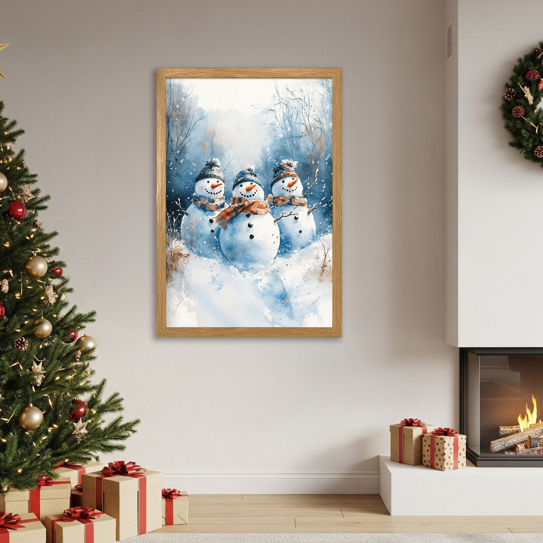 Framed Poster featuring watercolor snowmen art in blue and orange tones. Perfect winter decor!