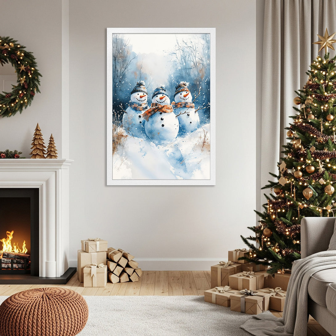 Framed Poster featuring watercolor snowmen in a winter scene. Blue and white color palette, perfect for holiday decor.