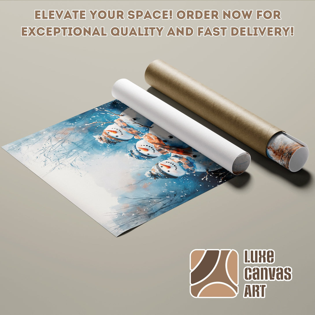 Poster Roll featuring watercolor snowmen art, blue and white palette. Elevate your space!