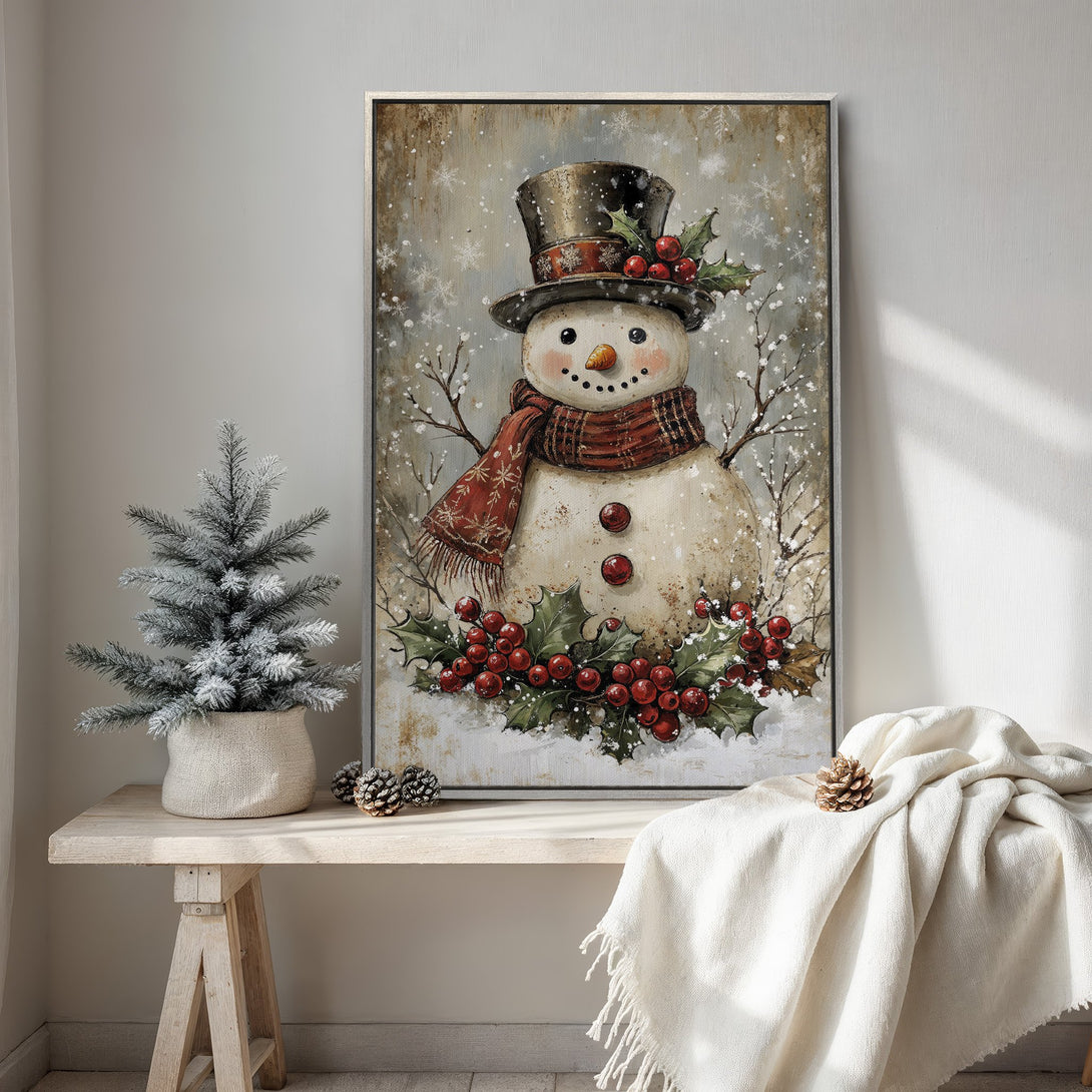 Framed Wall Art: Charming snowman art with a rustic, vintage style. Features a warm, festive color palette perfect for holiday decor.