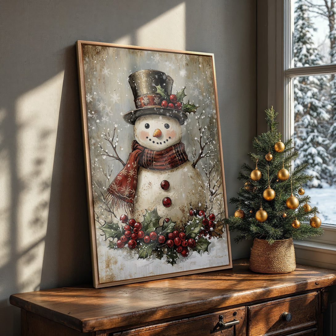 Framed Wall Art featuring a charming snowman with a red scarf, holly, and berries. Rustic style with a warm, wintery color palette. Perfect holiday decor.