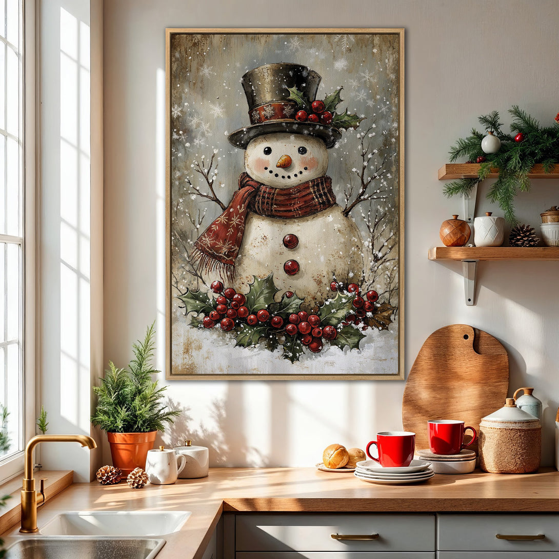 Framed Wall Art: Charming snowman painting with a vintage style, featuring a red and brown color palette. Perfect holiday decor for your kitchen!