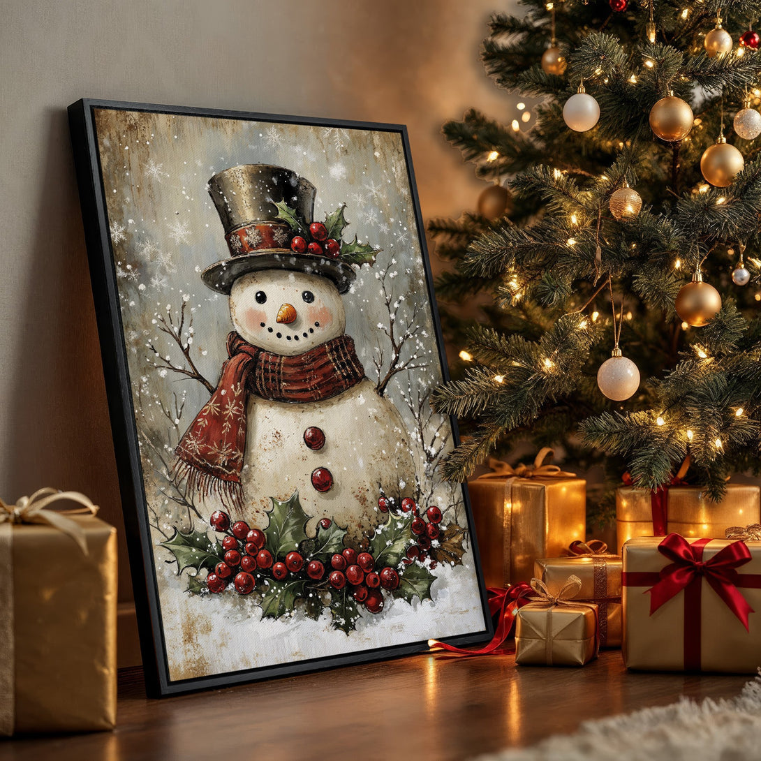 Framed Wall Art featuring a charming snowman in a vintage style, with a warm red, green, and neutral color palette. Perfect Christmas decor!