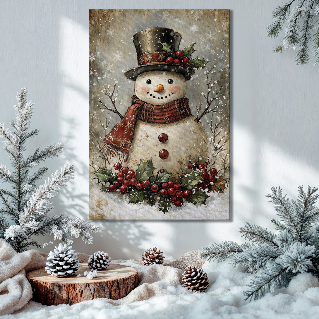 Framed Wall Art: Festive snowman canvas print with a rustic, wintery style. Featuring a warm, red, and neutral color palette. Perfect holiday decor.