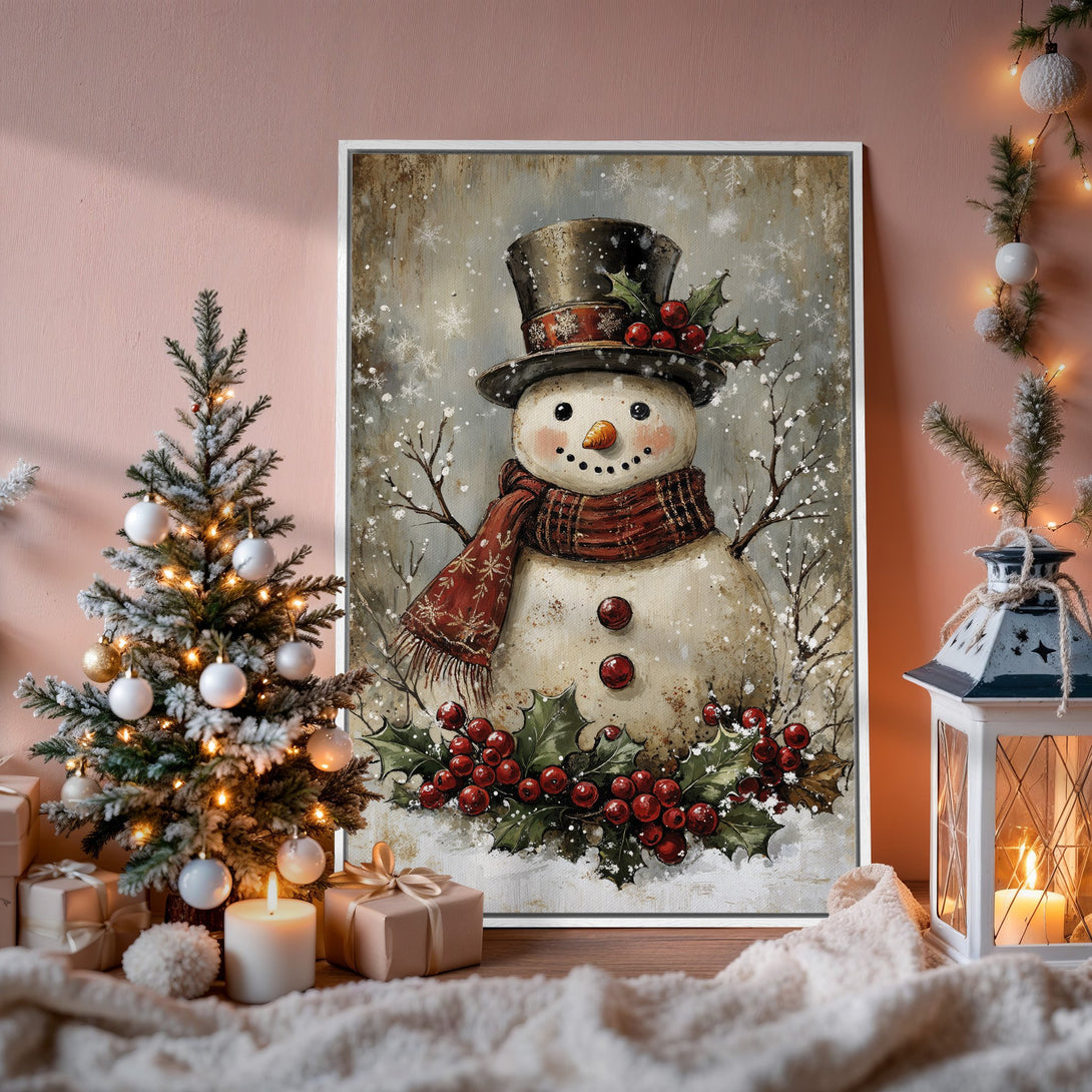 Framed Wall Art: Charming snowman print with rustic style, featuring a warm red and neutral color palette, perfect for holiday decor.