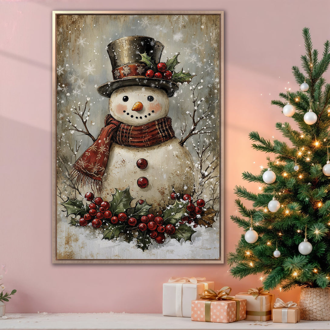 Framed Wall Art featuring a charming snowman in a vintage style, with a cozy red and brown color palette, perfect for Christmas decor.