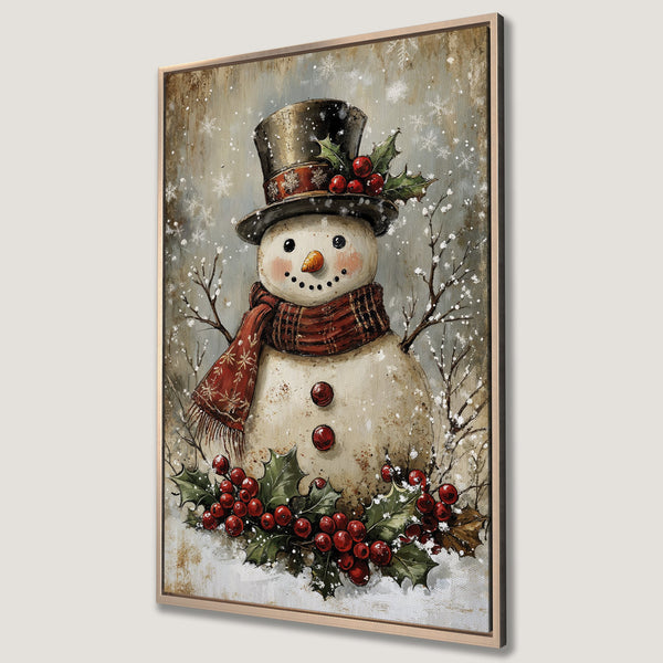 Framed Wall Art featuring a charming snowman in a winter scene. Rustic style with a warm color palette of reds, browns, and greens. Perfect holiday decor!