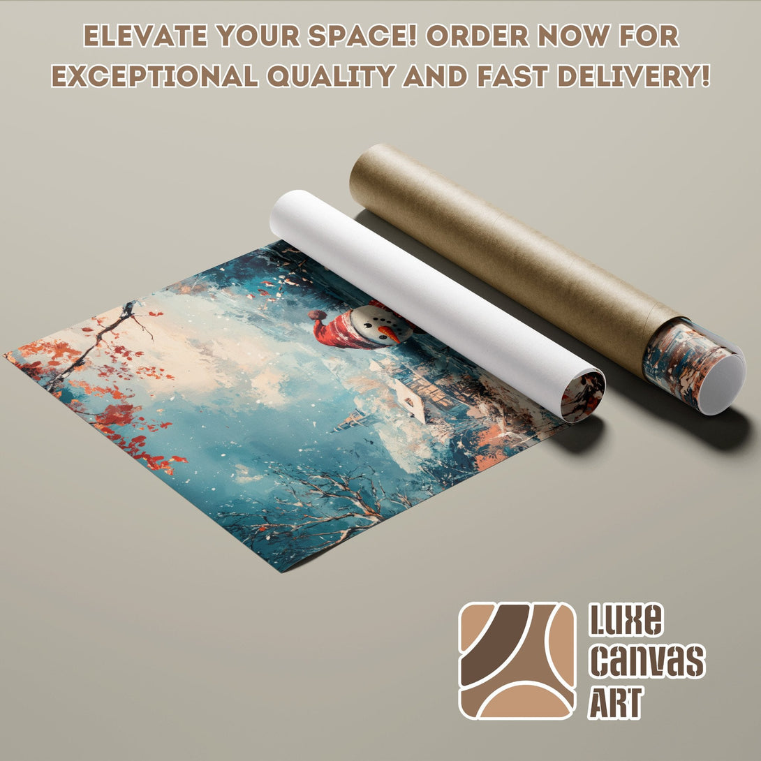 Poster Roll with winter landscape art, blue and orange color palette. Order now!