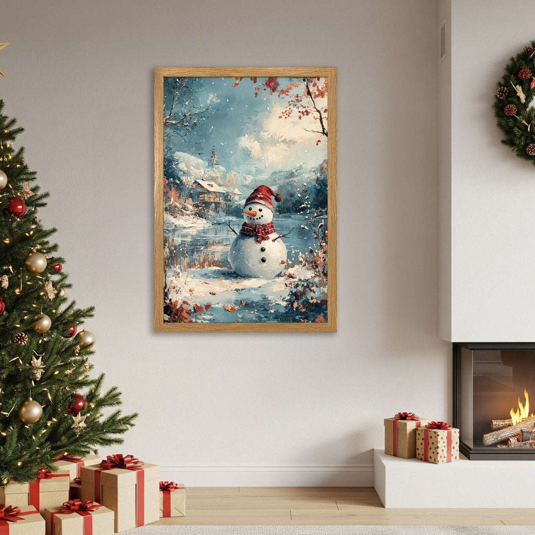 Framed Poster of a snowman in a winter landscape, painted in a whimsical style with a blue, white, and red color palette. Perfect Christmas decor!