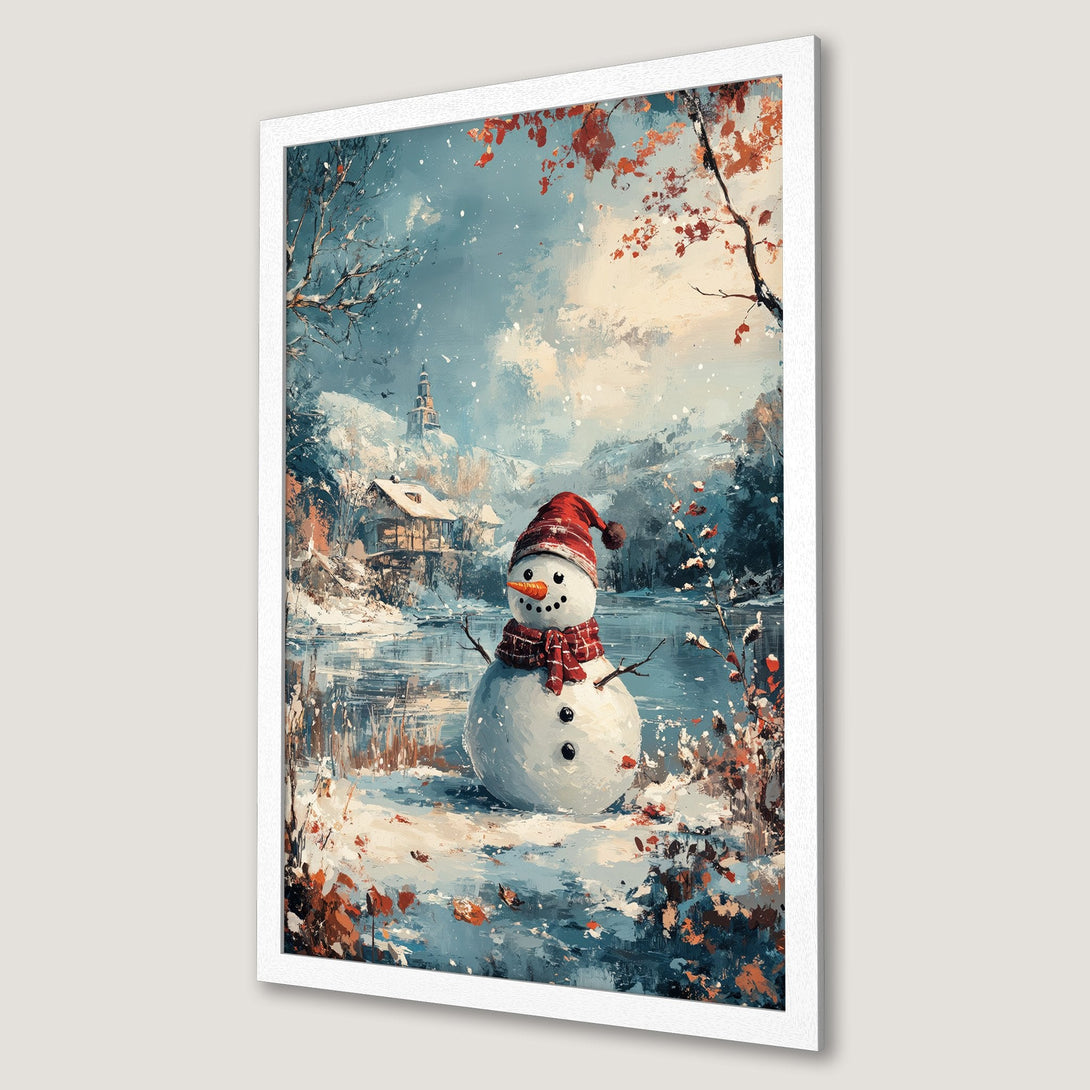 Framed Poster featuring a winter snowman scene in a painterly style with a blue, orange, and white color palette. Perfect holiday decor!