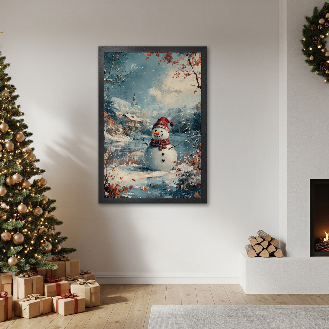 Framed Poster featuring a whimsical snowman in a winter landscape, painted in a soft, impressionistic style with blue, white, and red hues. Perfect holiday decor!