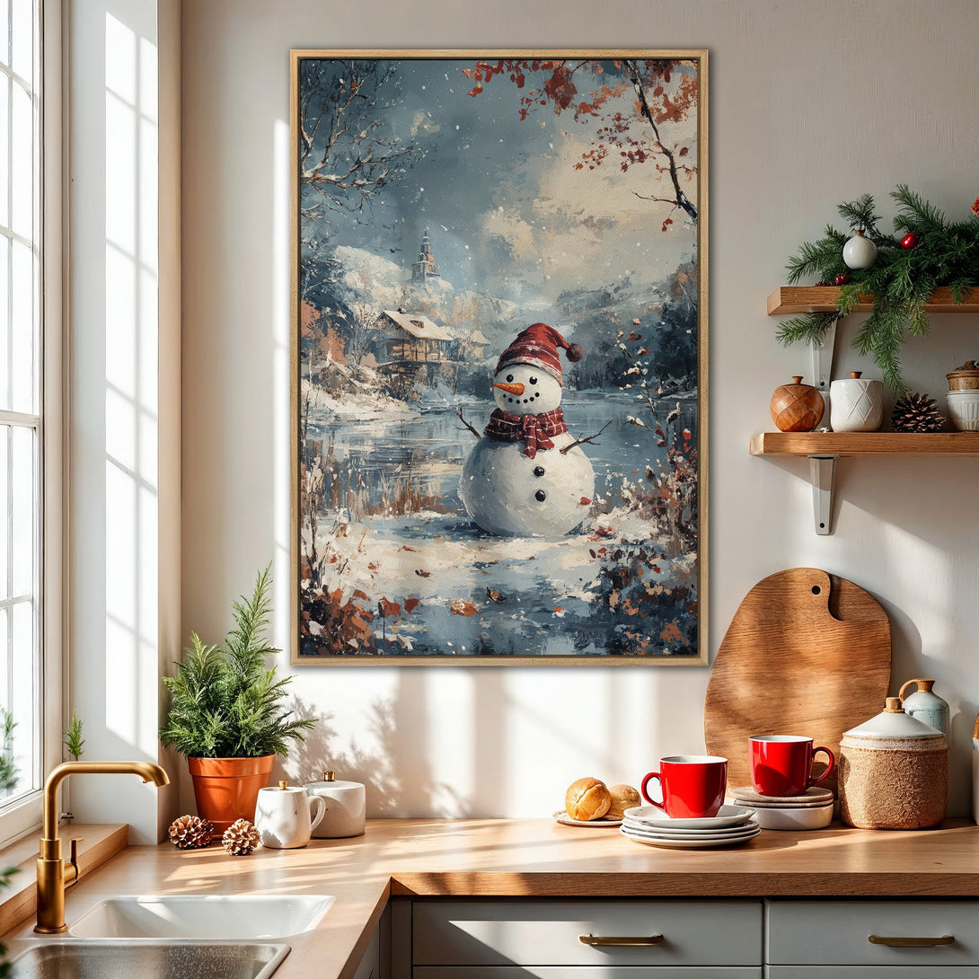 Framed Wall Art: Winter snowman landscape painting in blue, red, and brown tones. Perfect for cozy holiday decor. Bring the winter wonderland indoors!