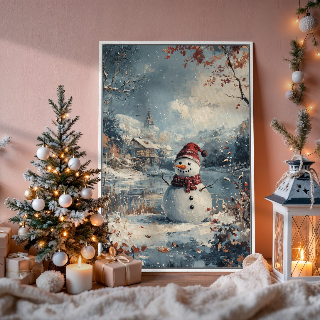 Framed Wall Art: Winter snowman painting in a cozy interior. Featuring a snowy landscape with a blue, white, and red color palette. Perfect for holiday decor!