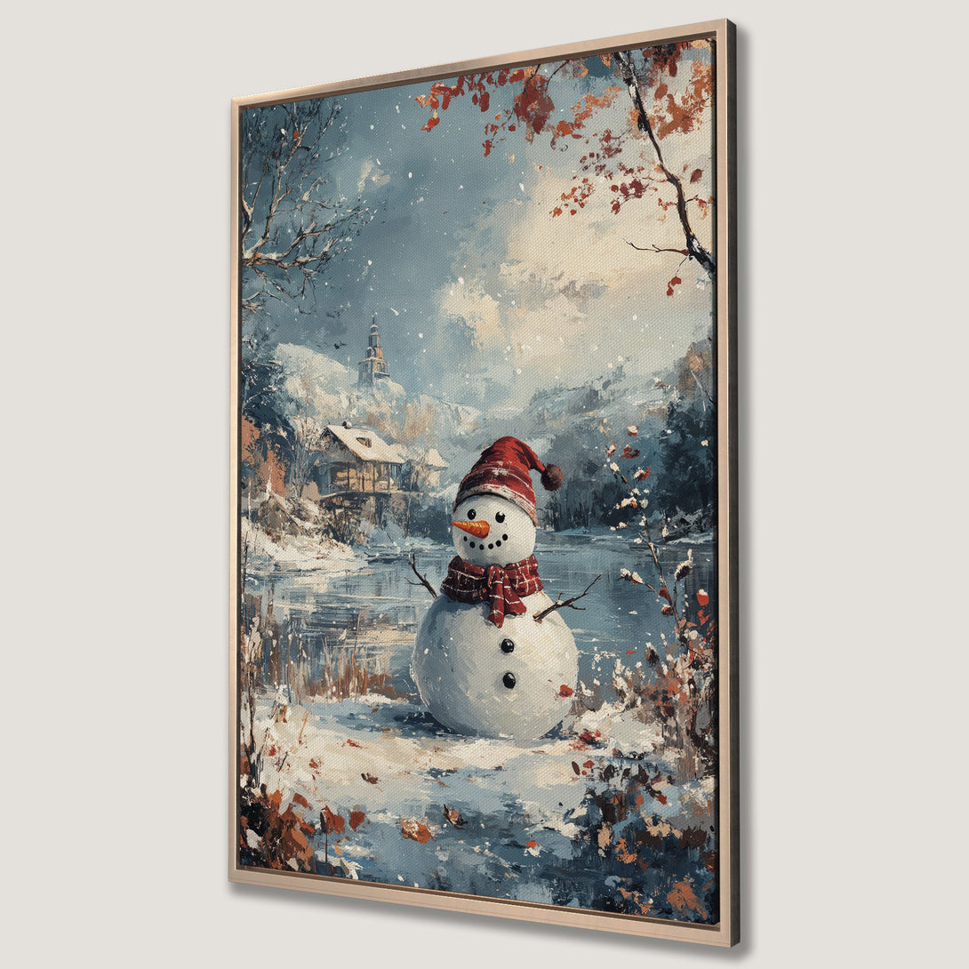 Framed Wall Art: Winter snowman scene in a painterly style with blue, white, and orange hues. Perfect for adding cozy charm to your home decor.