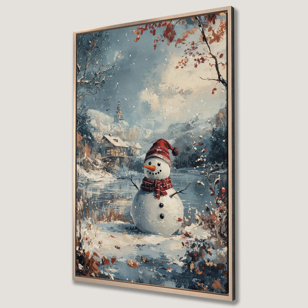 Framed Wall Art: Winter snowman scene in a painterly style with blue, white, and orange hues. Perfect for adding cozy charm to your home decor.