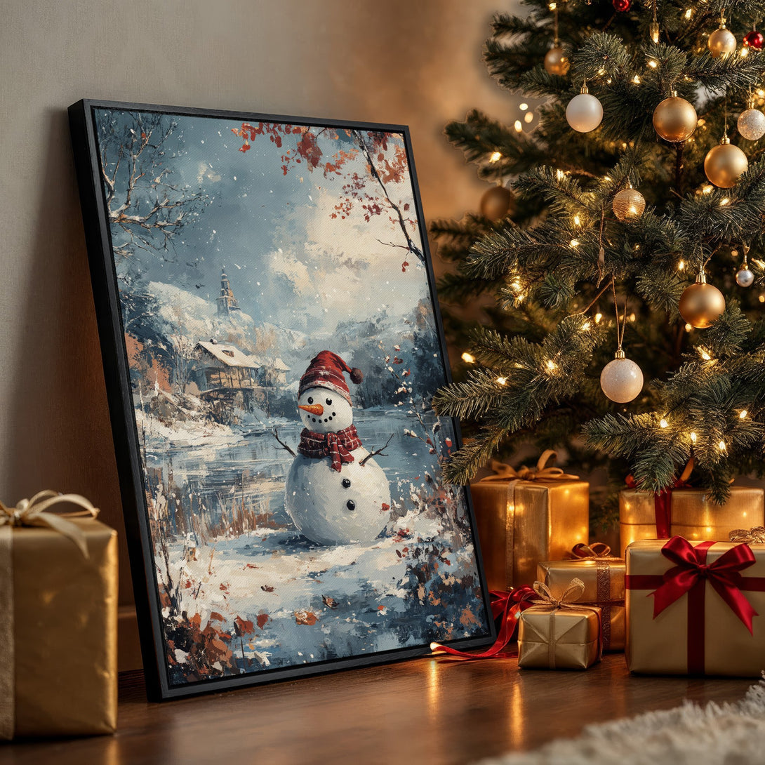 Framed Wall Art: Winter snowman painting in a cozy interior. Features a snowy landscape with a blue and white color palette. Perfect Christmas decor!