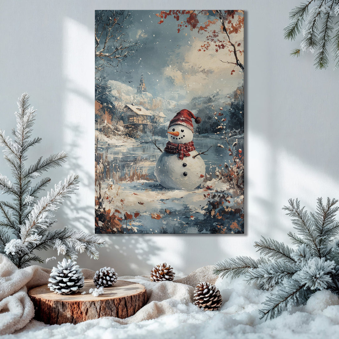 Framed Wall Art: Winter snowman painting with a snowy landscape in blue, white, and brown tones. Perfect Christmas decor for your home!