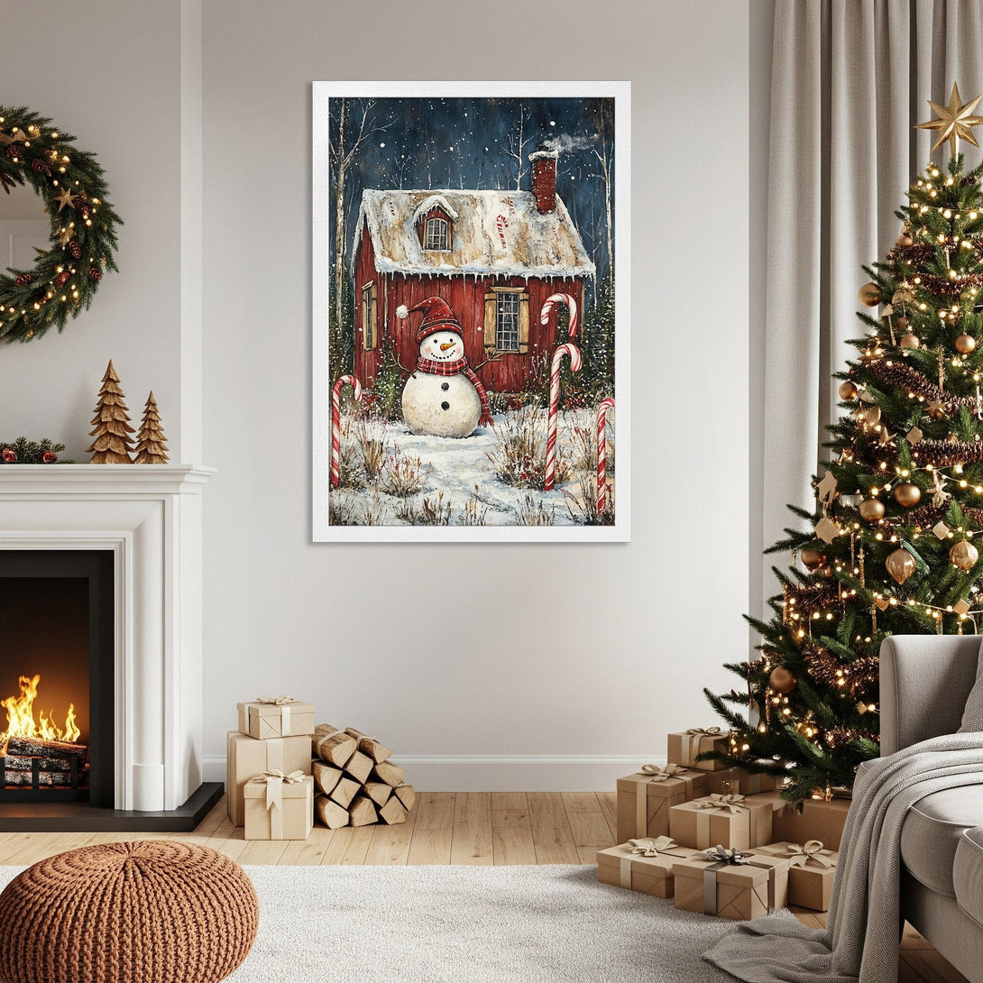 Framed Poster featuring a whimsical winter scene with a snowman and red house, in a cozy, festive style with warm tones.
