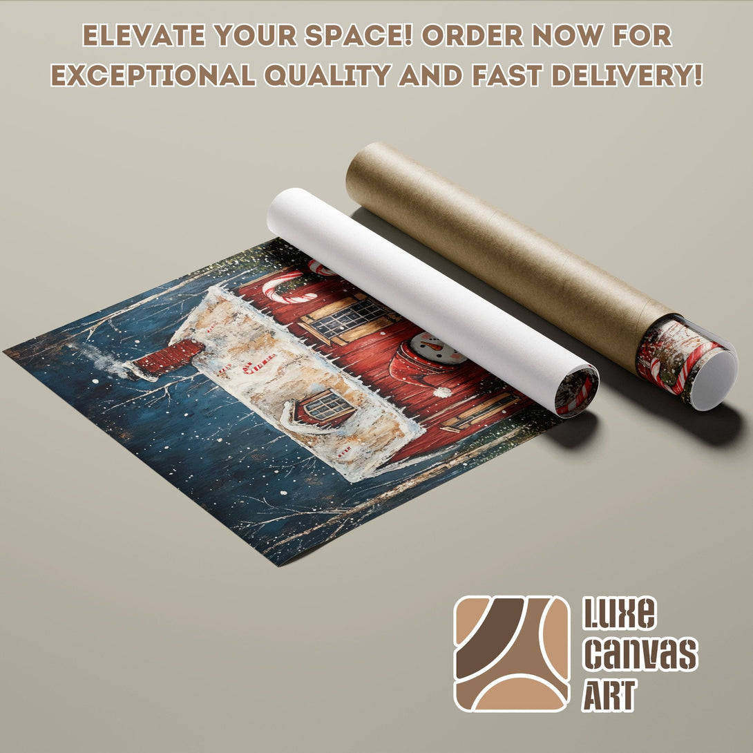 Poster Roll featuring a winter scene in blue, red, and white. Elevate your space with this beautiful art!