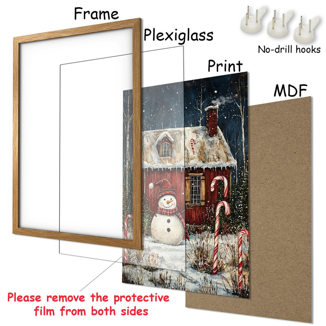 Framed Poster featuring a winter scene with a snowman and cabin. Warm red and blue color palette, perfect holiday decor.