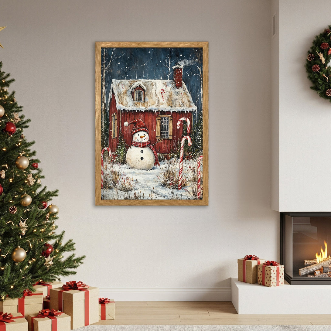 Framed Poster featuring a cozy winter scene with a snowman and red house. Charming, warm colors perfect for holiday decor.