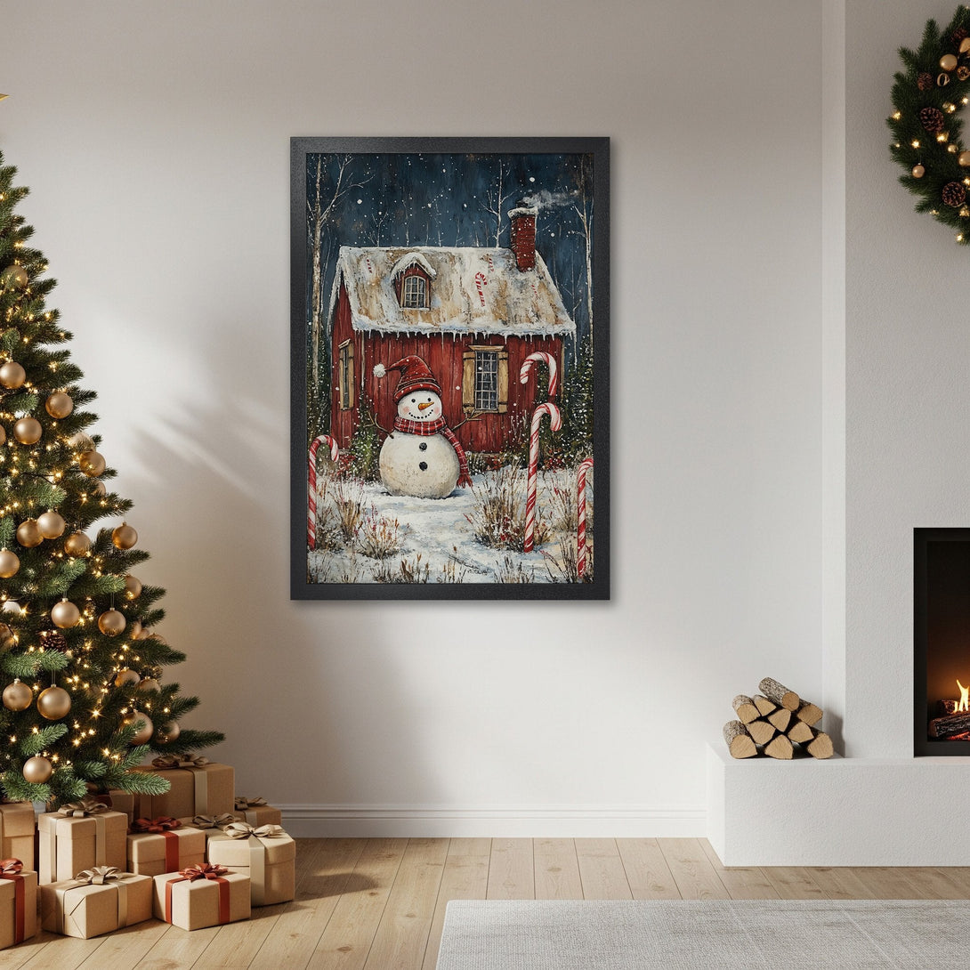 Framed Poster of a winter scene with a snowman and red house. Charming, festive art in a cozy, warm color palette. Perfect holiday decor.